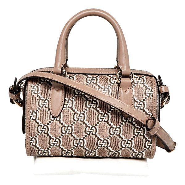 Gucci GG Shadow Monogram Canvas Leather Mini Bowler Bag Beige Black in Beige, authentic new handbag, image 9