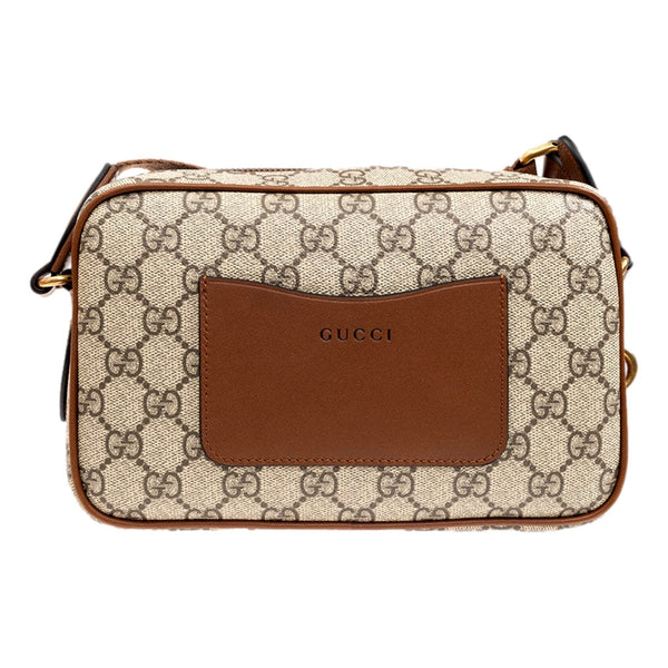 Gucci GG Supreme Canvas Brown Leather Camera Bag Crossbody in Beige and Ebony with Brown, authentic new handbag, image 1
