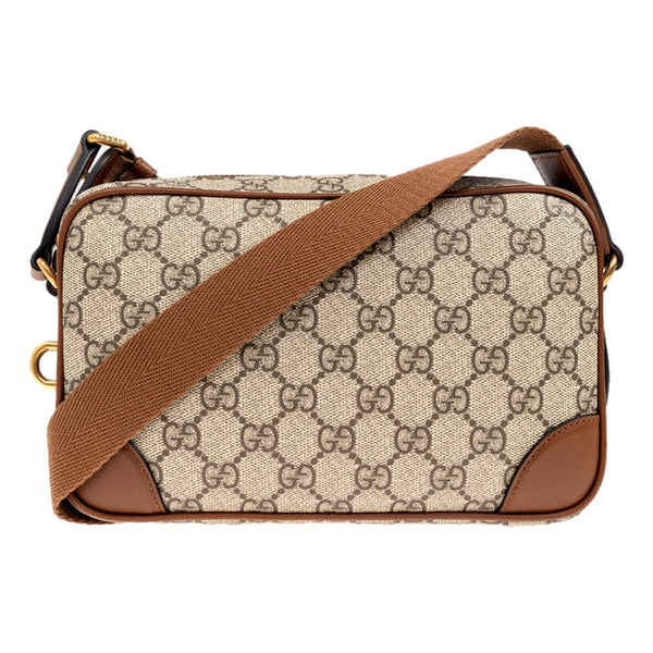 Gucci GG Supreme Canvas Brown Leather Camera Bag Crossbody in Beige and Ebony with Brown, authentic new handbag, image 2