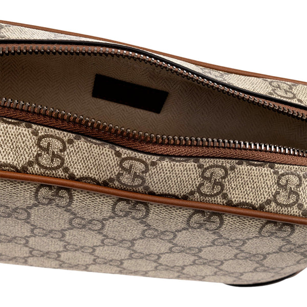Gucci GG Supreme Canvas Brown Leather Camera Bag Crossbody in Beige and Ebony with Brown, authentic new handbag, image 4