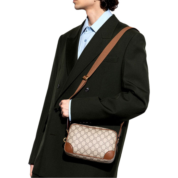 Gucci GG Supreme Canvas Brown Leather Camera Bag Crossbody in Beige and Ebony with Brown, authentic new handbag, image 7