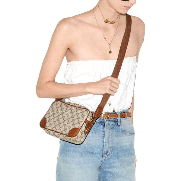 Gucci GG Supreme Canvas Brown Leather Camera Bag Crossbody in Beige and Ebony with Brown, authentic new handbag, image 6