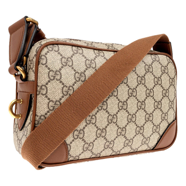 Gucci GG Supreme Canvas Brown Leather Camera Bag Crossbody in Beige and Ebony with Brown, authentic new handbag, image 3