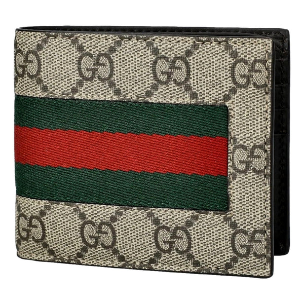 Gucci GG Supreme Canvas Web Stripe Bifold Wallet in Beige and Ebony GG with Green and Red Web Stripe, authentic new wallet, i