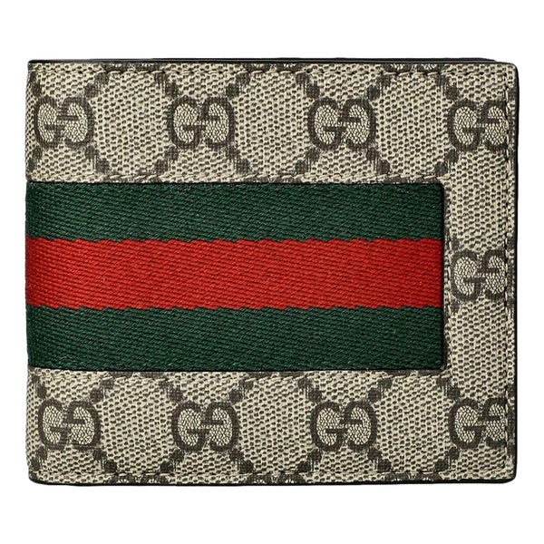Gucci GG Supreme Canvas Web Stripe Bifold Wallet in Beige and Ebony GG with Green and Red Web Stripe, authentic new wallet, i
