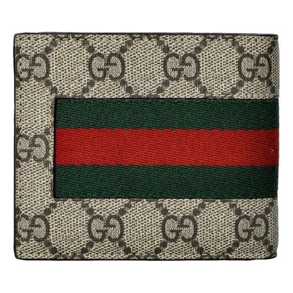 Gucci GG Supreme Canvas Web Stripe Bifold Wallet in Beige and Ebony GG with Green and Red Web Stripe, authentic new wallet, i