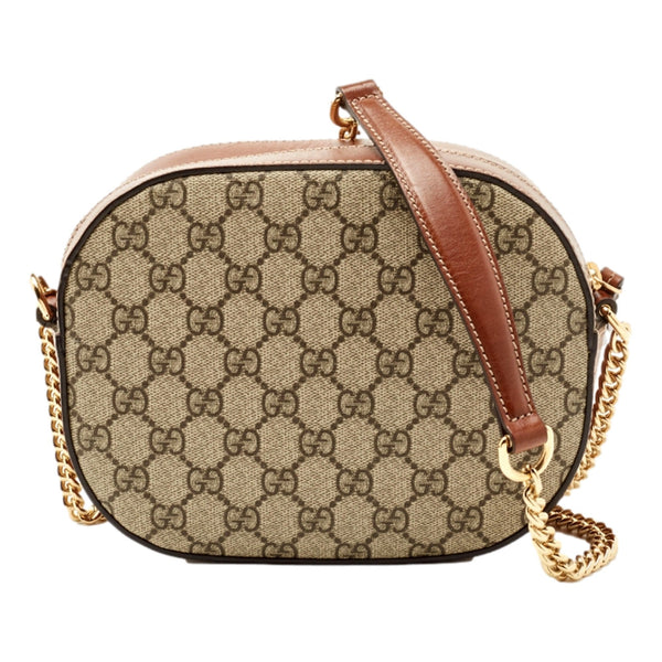 Gucci GG Supreme Canvas Mini Oval Chain Crossbody Bag Brown Leather Trim in Beige and Brown, authentic new handbag, image 1