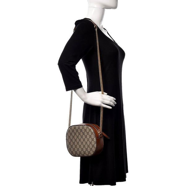 Gucci GG Supreme Canvas Mini Oval Chain Crossbody Bag Brown Leather Trim in Beige and Brown, authentic new handbag, image 5