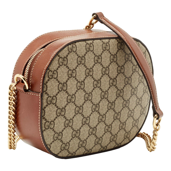 Gucci GG Supreme Canvas Mini Oval Chain Crossbody Bag Brown Leather Trim in Beige and Brown, authentic new handbag, image 2