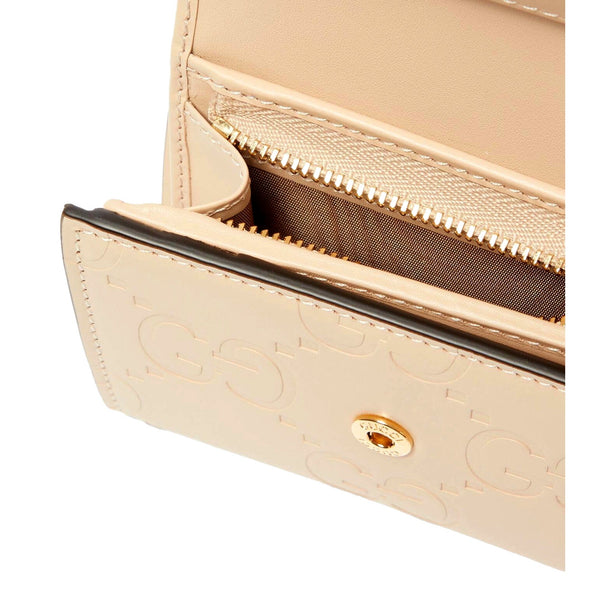 Gucci Gilbert GG Embossed Calf Leather Beige Trifold Wallet Gold Logo in Beige, authentic new wallet, image 3