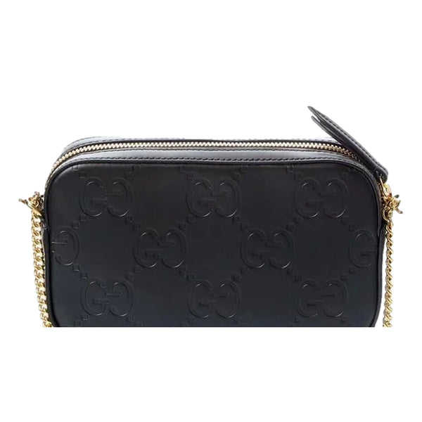 Gucci Gilbert Black Guccissima Leather Double Zip Camera Crossbody Bag Gold Chain in Black, authentic new handbag, image 2