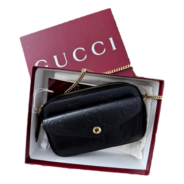 Gucci Gilbert Black Guccissima Leather Double Zip Camera Crossbody Bag Gold Chain in Black, authentic new handbag, image 5