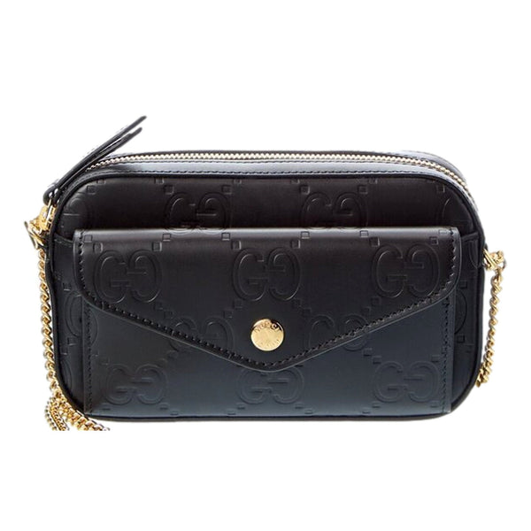 Gucci Gilbert Black Guccissima Leather Double Zip Camera Crossbody Bag Gold Chain in Black, authentic new handbag, image 1