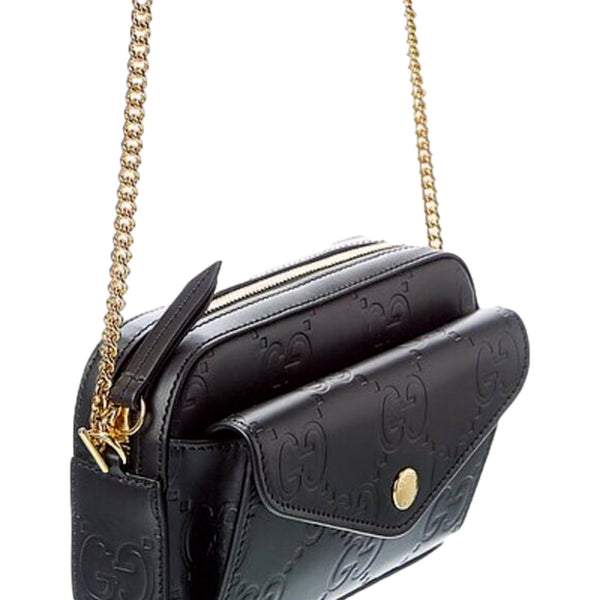 Gucci Gilbert Black Guccissima Leather Double Zip Camera Crossbody Bag Gold Chain in Black, authentic new handbag, image 3