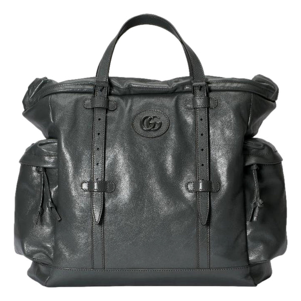 Gucci Drawstring Tote Bag Grey Leather Tonal Double G Logo in Grey, authentic new handbag, image 1