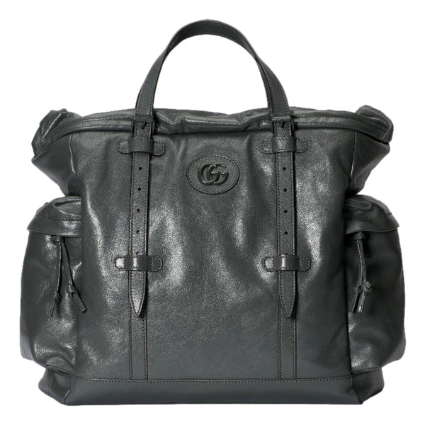 Gucci Drawstring Tote Bag Grey Leather Tonal Double G Logo in Grey, authentic new handbag, image 2