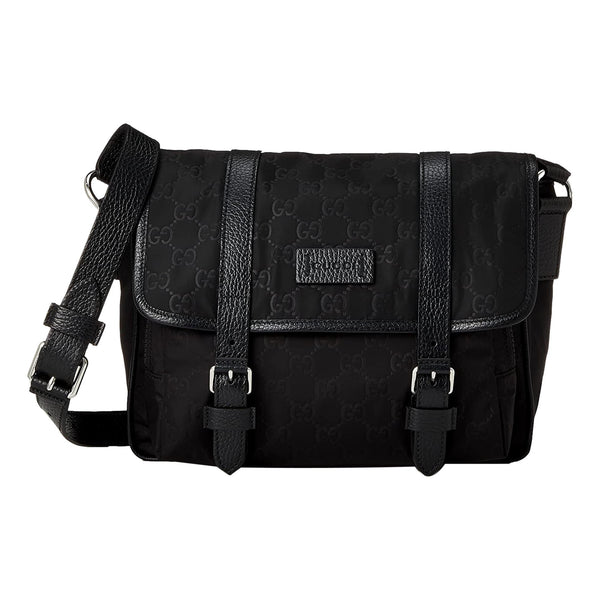 Gucci GG Monogram Nylon Leather Messenger Bag Black Double Buckle Flap in Black, authentic new handbag, image 1