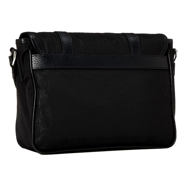 Gucci GG Monogram Nylon Leather Messenger Bag Black Double Buckle Flap in Black, authentic new handbag, image 2