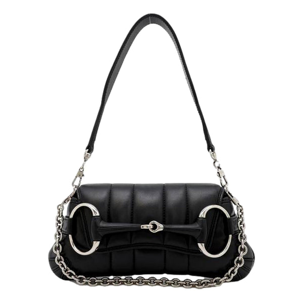 Gucci Horsebit Quilted Leather Small Chain Shoulder Bag Black in Black, authentic new handbag, image 2