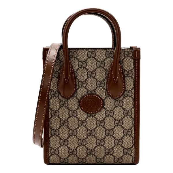 Gucci Interlocking G Leather Emblem Supreme Canvas Brown Leather Mini Shopper Tote in Brown, authentic new handbag, image 1
