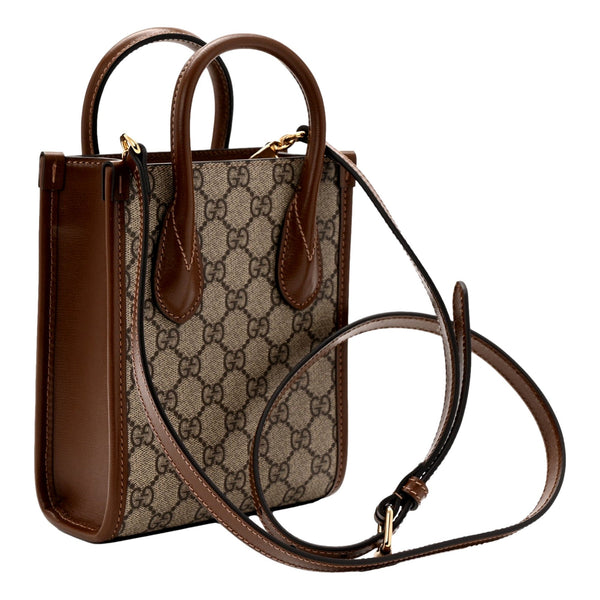 Gucci Interlocking G Leather Emblem Supreme Canvas Brown Leather Mini Shopper Tote in Brown, authentic new handbag, image 2