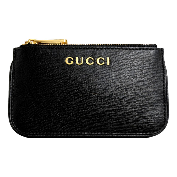 Gucci Zip Key Case Black Leather Card Holder Gold Logo Script in Black, authentic new wallet, image 2