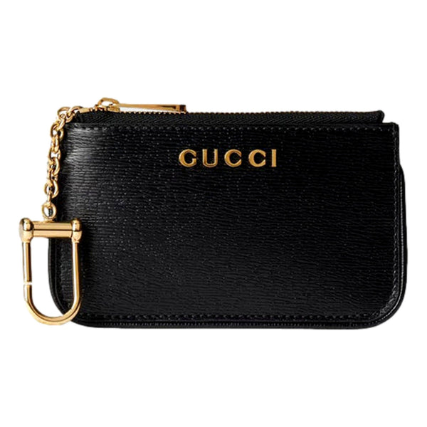 Gucci Zip Key Case Black Leather Card Holder Gold Logo Script in Black, authentic new wallet, image 1