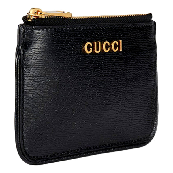 Gucci Zip Key Case Black Leather Card Holder Gold Logo Script in Black, authentic new wallet, image 3