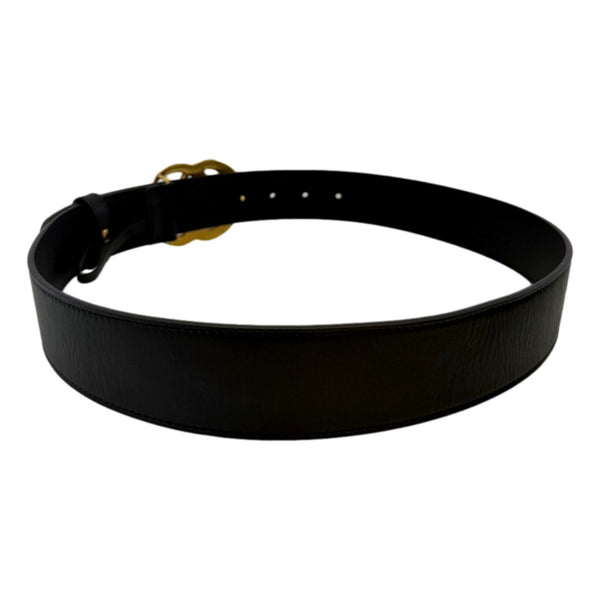 Rear view of the Gucci GG Marmont black leather belt, showing the smooth strap and stitched edges