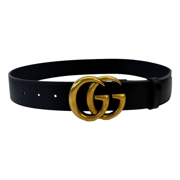 Gucci GG Marmont black leather belt size 90/36 with antique gold-tone Double G buckle, front view