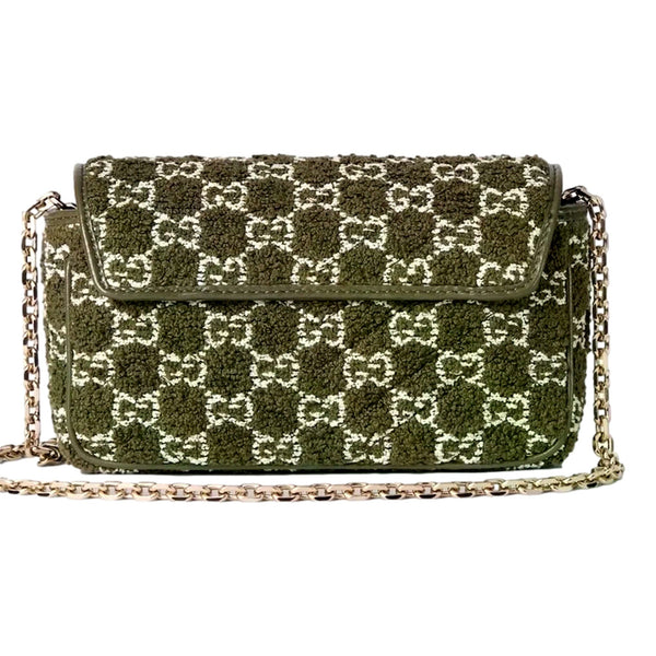 Gucci GG Super Mini Marmont Olive Green Boucle Terry Chain Crossbody Bag – back view