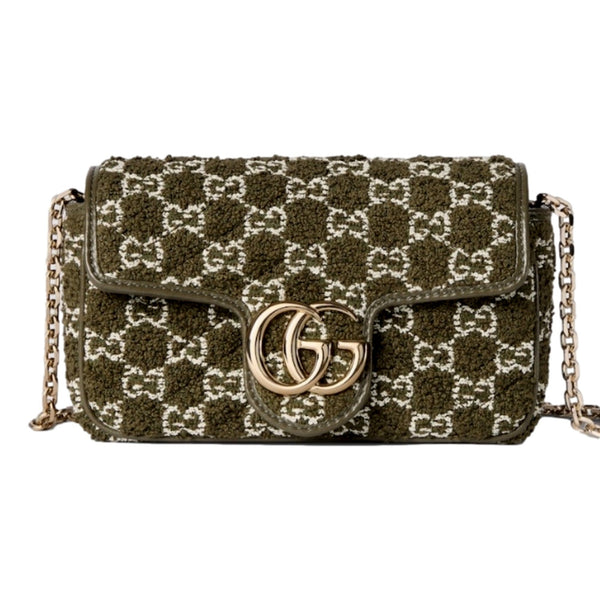 Gucci GG Super Mini Marmont Olive Green Boucle Terry Chain Crossbody Bag – front view