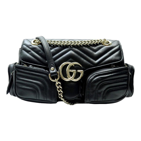 Gucci GG Marmont Dual Compartment Black Leather Shoulder Bag Gold Logo in Black, authentic new handbag, image 1