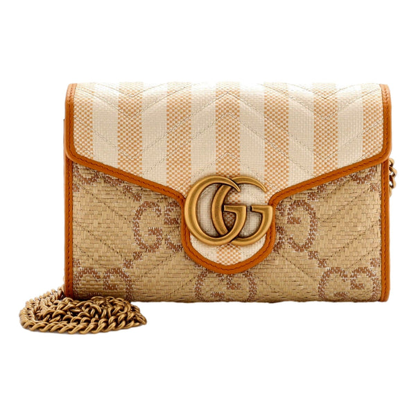Gucci GG Marmont Raffia Wallet on Chain in Orange and Beige in Orange and Beige, authentic pre-loved handbag, image 1