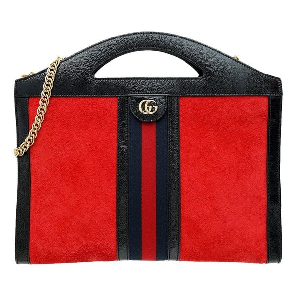 Gucci Ophidia Bicolor Red Suede Black Leather Slip Handle Tote Bag in Red and Black, authentic pre-loved handbag, image 1