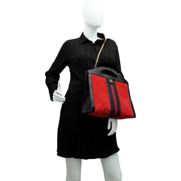 Gucci Ophidia Bicolor Red Suede Black Leather Slip Handle Tote Bag in Red and Black, authentic pre-loved handbag, image 7