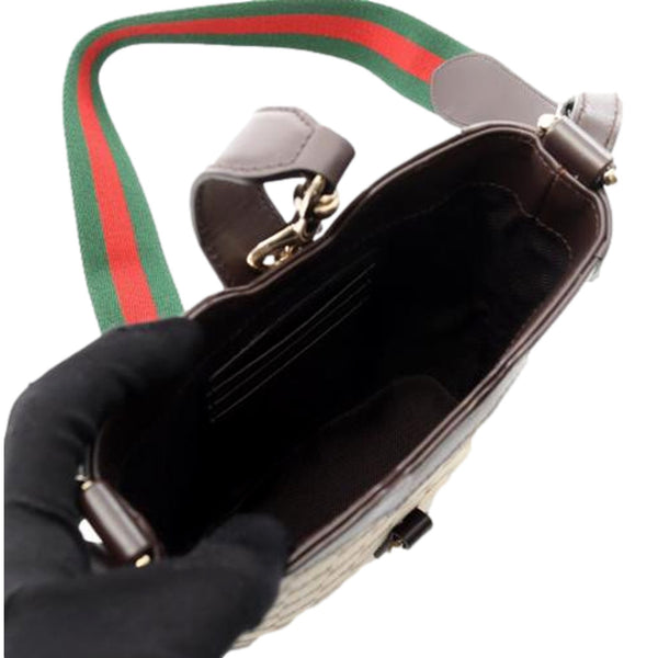 Gucci Original GG Canvas Web Stripe Mini Bucket Bag Beige Brown in Beige and Brown, authentic new handbag, image 3