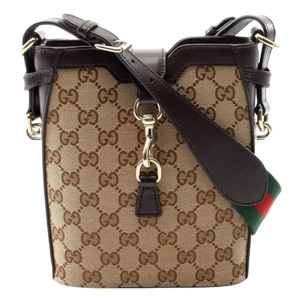 Gucci Original GG Canvas Web Stripe Mini Bucket Bag Beige Brown in Beige and Brown, authentic new handbag, image 1