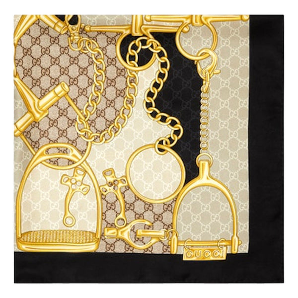 Gucci Printed Silk Twill Carre House Heritage Motif Scarf in Black and Beige, authentic pre-loved scarves & shawl, image 2