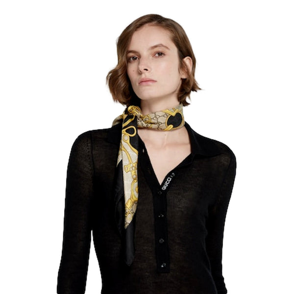 Gucci Printed Silk Twill Carre House Heritage Motif Scarf in Black and Beige, authentic pre-loved scarves & shawl, image 3
