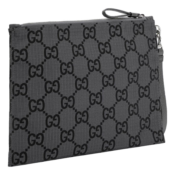 Gucci Ripstop Canvas Jumbo GG Large Clutch Wristlet Gray Black in Gray and Black, authentic new handbag, image 3