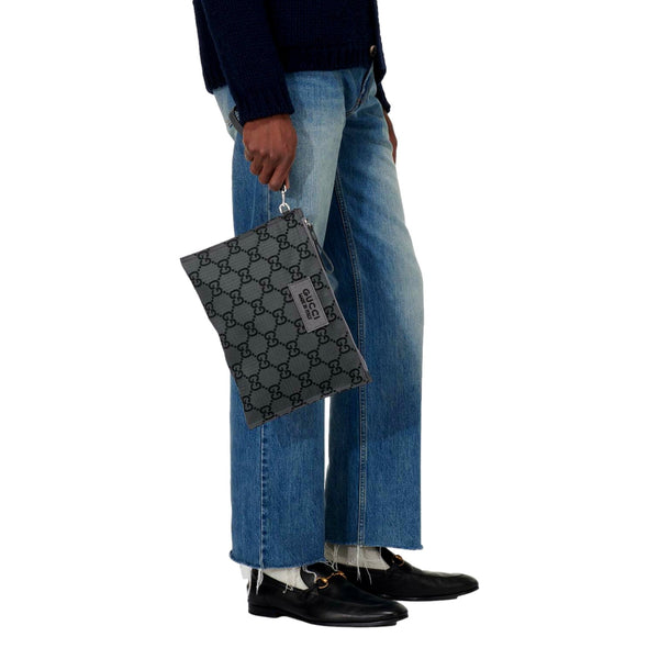 Gucci Ripstop Canvas Jumbo GG Large Clutch Wristlet Gray Black in Gray and Black, authentic new handbag, image 5