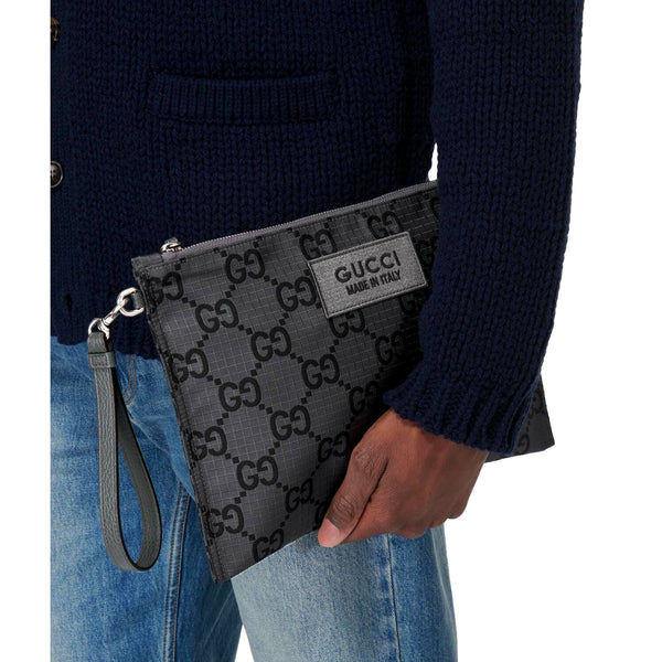 Gucci Ripstop Canvas Jumbo GG Large Clutch Wristlet Gray Black in Gray and Black, authentic new handbag, image 4