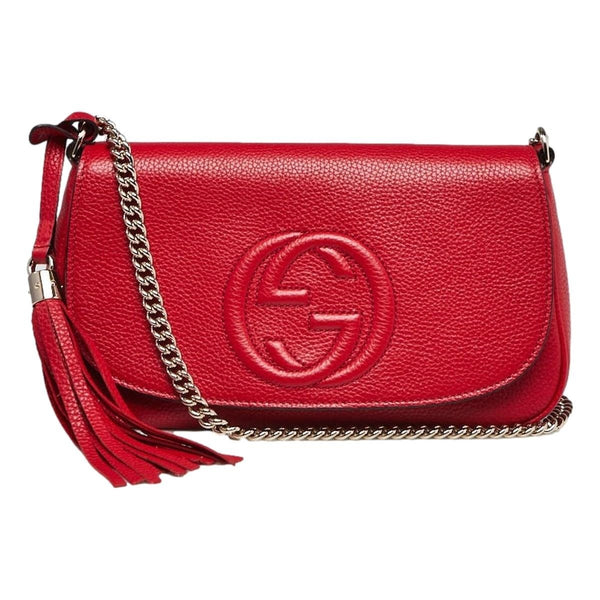 Gucci Soho Disco GG Tassel Chain Crossbody Flap Leather Bag Red in Red, authentic new handbag, image 2