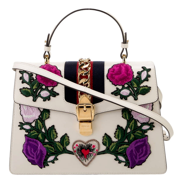 Gucci Sylvie Embroidered Off White Medium Top Handle Bag in Off White, authentic pre-loved handbag, image 1