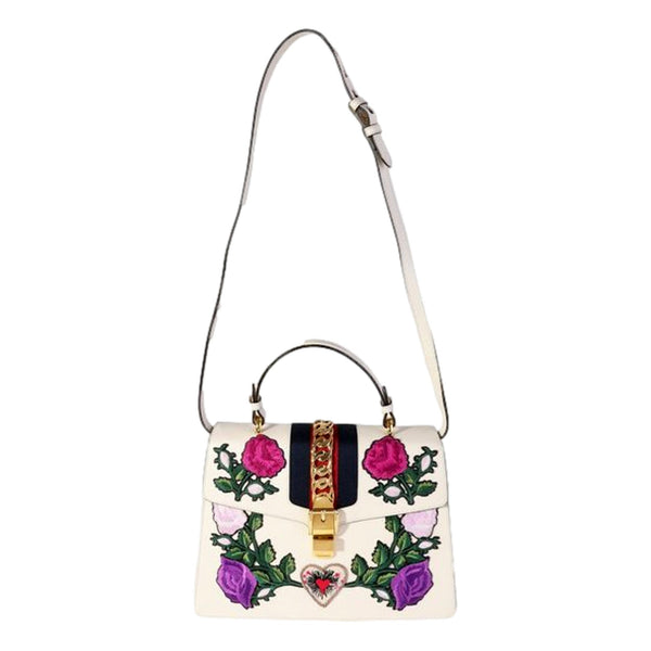 Gucci Sylvie Embroidered Off White Medium Top Handle Bag in Off White, authentic pre-loved handbag, image 4