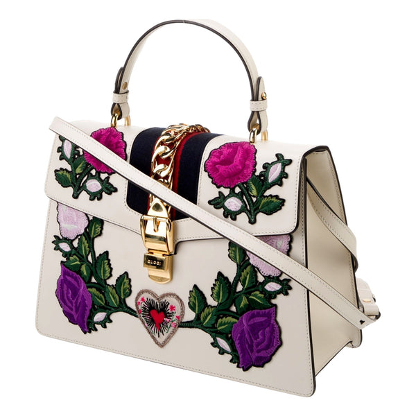 Gucci Sylvie Embroidered Off White Medium Top Handle Bag in Off White, authentic pre-loved handbag, image 2