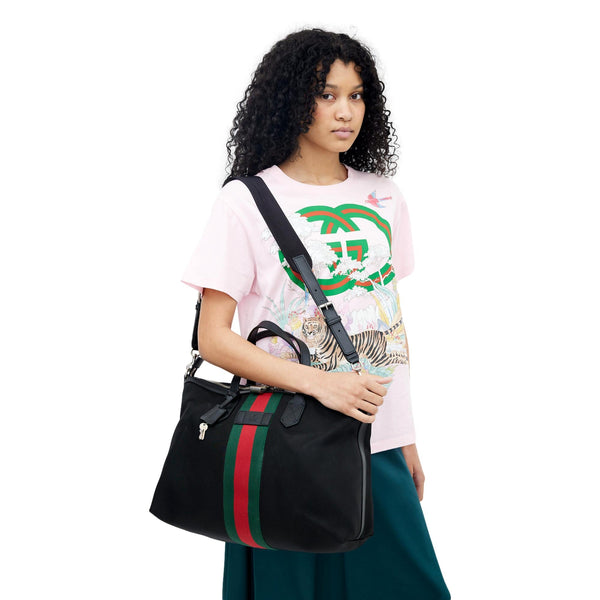 Gucci Techno Web Stripe Black Canvas Large Duffle Bag Crossbody Travel Bag in Black, authentic new handbag, image 6