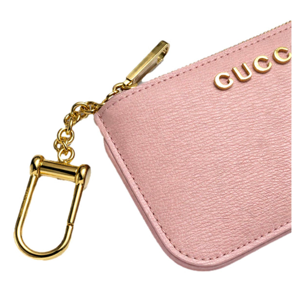 Gucci Zip Key Case Pink Leather Card Holder Gold Logo Script in Pink, authentic new wallet, image 5