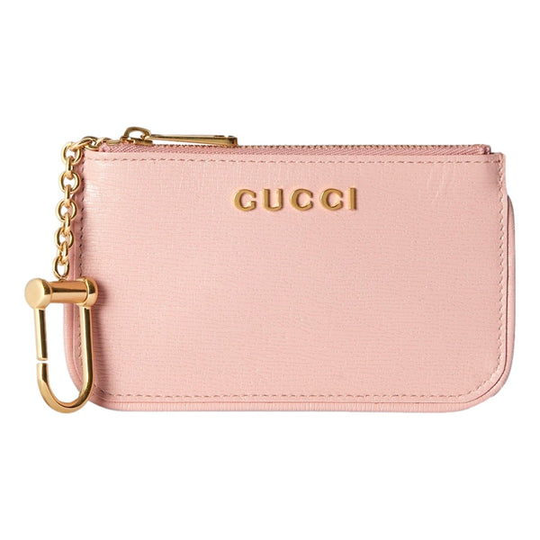 Gucci Zip Key Case Pink Leather Card Holder Gold Logo Script in Pink, authentic new wallet, image 1
